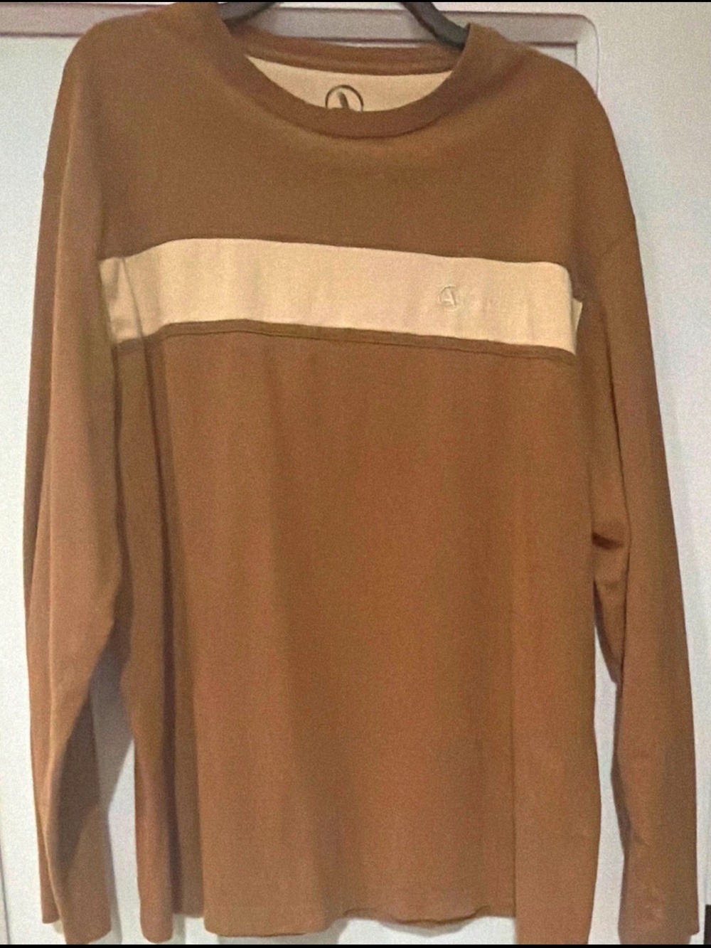 Aigle Men's Brown Cotton Crewneck with Cream  Stripe long sleeve Tee XL